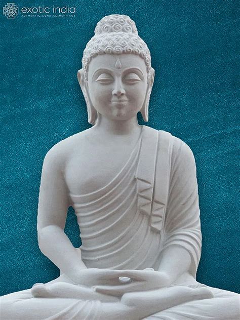 Seated Lord Buddha On Lotus Sand Stone Statue Exotic India Art