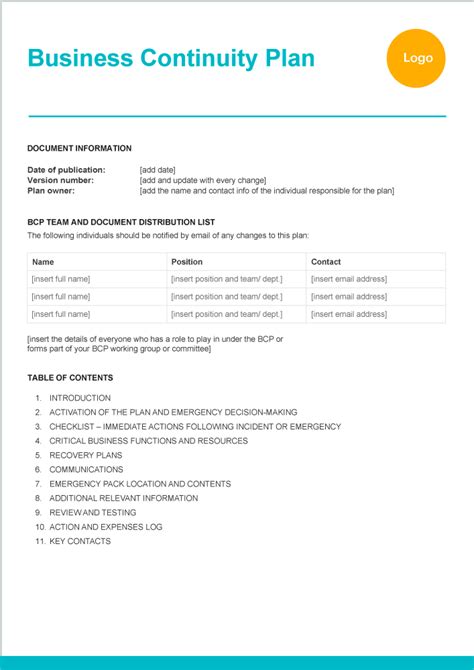 Business Continuity Plan Template Zervant