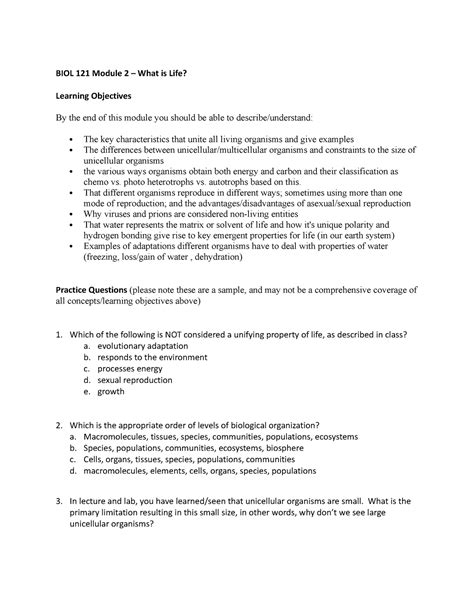 Biol Module Practice Questions Biol U Of S Studocu