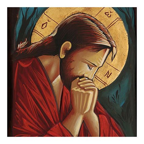 Icona Greca Dipinta Mano Cristo Preghiera Sfondo Notturno 45X25 Cm