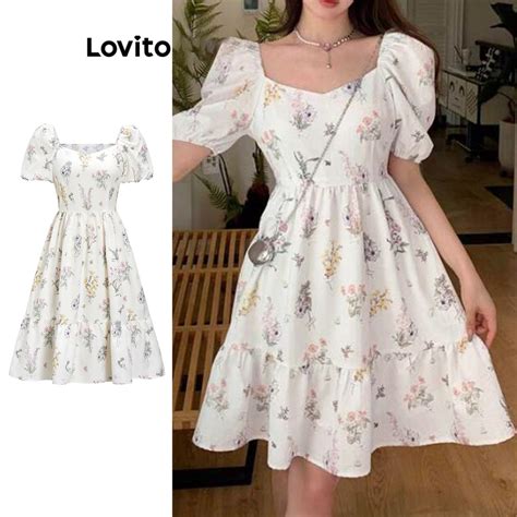 Lovito Elegante Ditsy Floral Vestido Feminino Franzido De Gola Quadrada