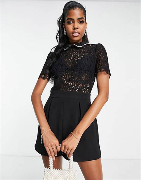 Miss Selfridge Lace Collared Pearl Trim 2 In 1 Romper In Black Asos