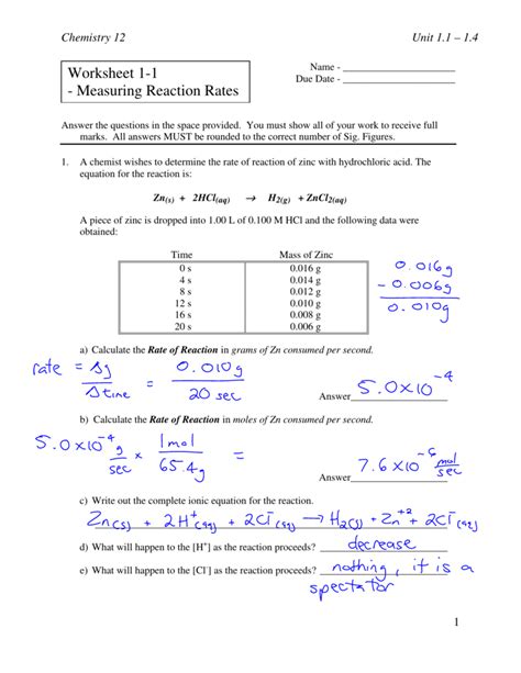 Worksheets Reaction Rates Answer Key