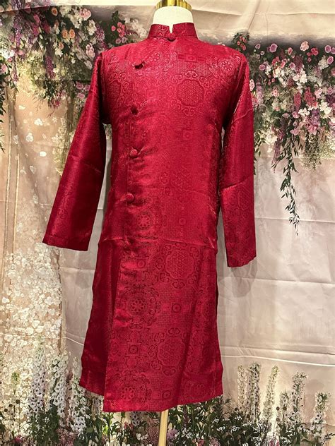 Dark Red Ao Dai For Men Traditional Vietnamese Gam Long Dress For Men