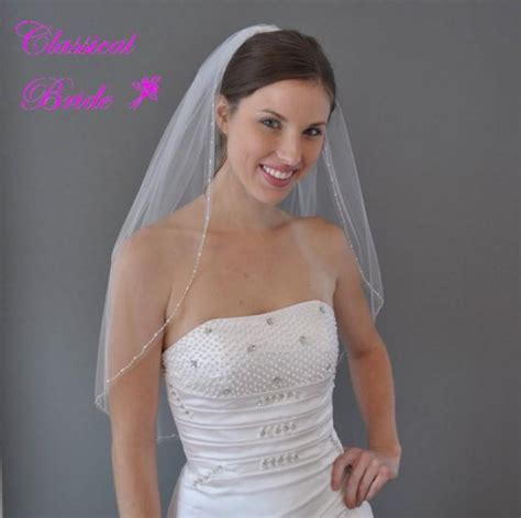 MIMI Rice Pearl And Silver Bead 1 Tier 30 Inch Elbow Veil In White