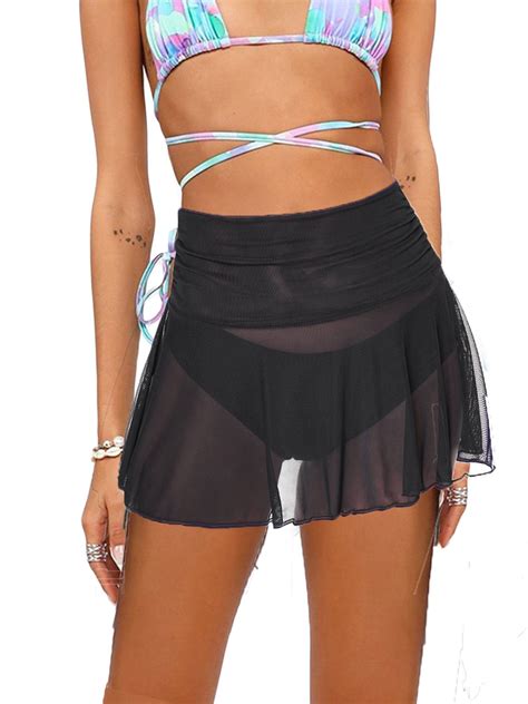 Hirigin Women High Waisted Beach Mini Skirt Ruffle Sheer See Through