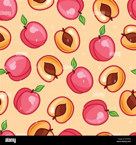 Seamless Pattern With Stylized Fresh Ripe Peaches Stock Vector Image