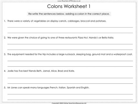 Colons And Semi Colons Worksheet English Year 5 Worksheets Library