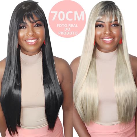 Peruca Lace Wig Longa Lisa Franja Preta Fibra 70cm Shopee Brasil