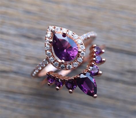 Teardrop Purple Amethyst Engagement K Rose Gold Ring Set Pear Halo