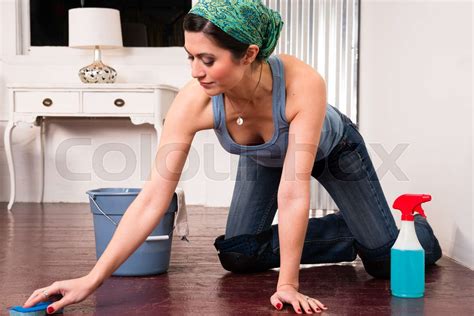 Adorable Housewife Maid Doing Cleaning Chores Scrubbing Floor Hands