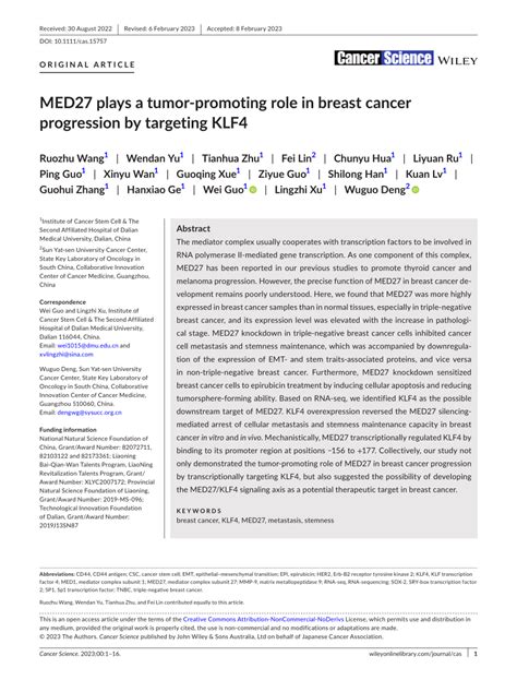 Pdf Med27 Plays A Tumor Promoting Role In Breast Cancer Progression