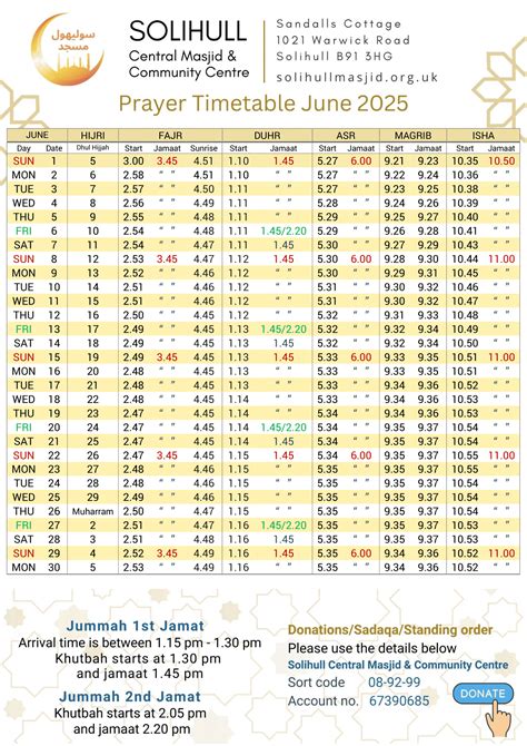 Solihull Central Masjid - Monthly Timetable