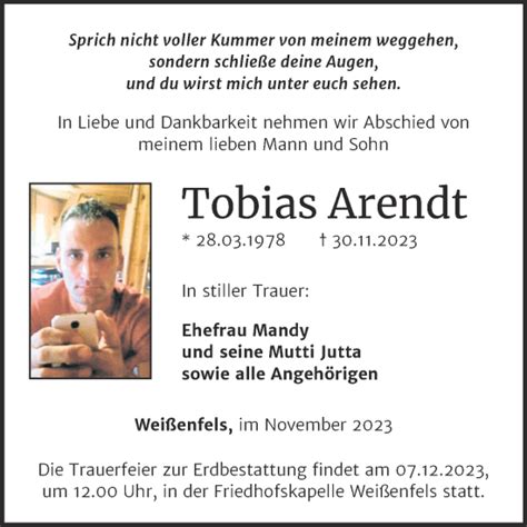 Traueranzeigen Von Tobias Arendt Abschied Nehmen De