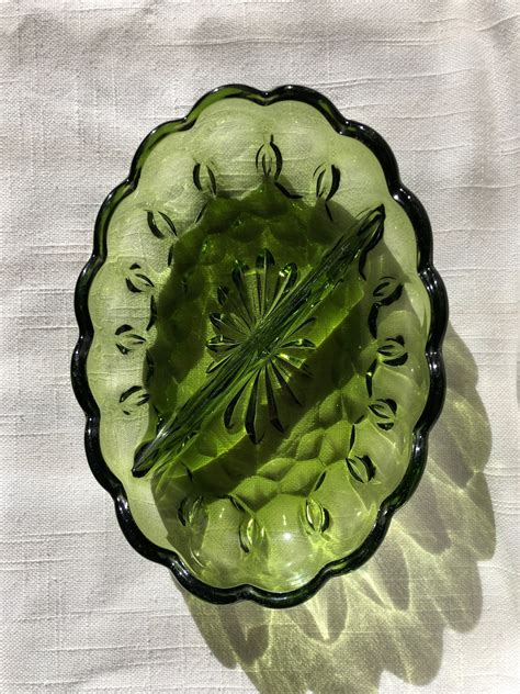 Vintage Green Glass Oval Serving Dish With A Diagonal Divider Etsy