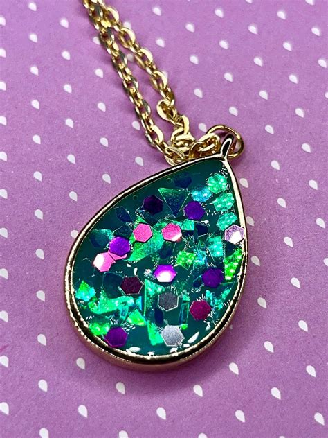 Rainbow Teardrop Resin Necklace Etsy