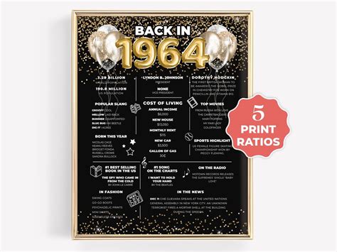 Back In 1964 Birthday Facts Sign Class Of 64 Black And Gold Printable