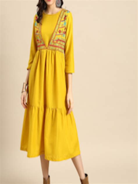 Buy Sangria Women Mustard Yellow Solid A Line Ethnic Dress With