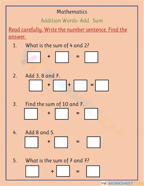 Addition Words Sum Add Worksheet