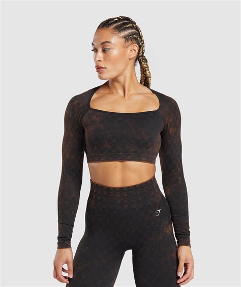 Gymshark Check Seamless Washed Long Sleeve Top Black Gymshark