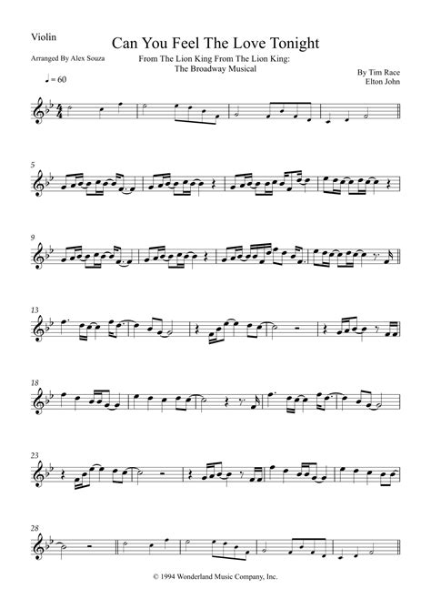 Can You Feel The Love Tonight Arr Alex Souza Sheet Music Elton John Violin Solo