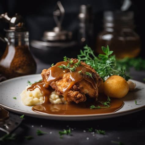 A Plate Of Crispy Fried Chicken With Mashed Potatoes And Gravy Stock Illustration Illustration