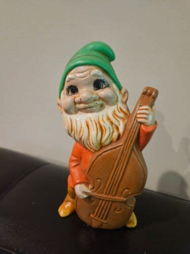 Vintage Ceramic Garden Gnome Playing Bass Hand Painted 6 Tall