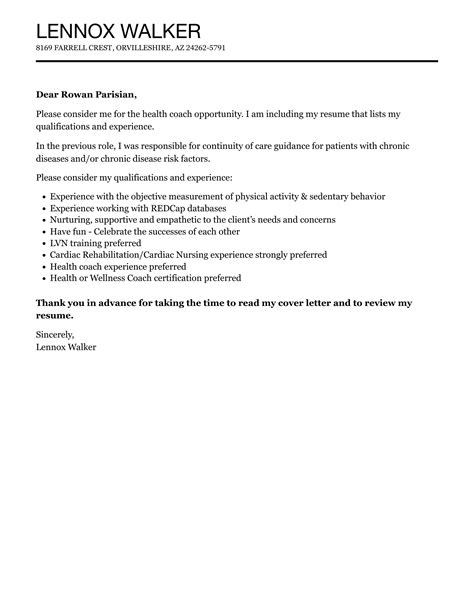 Health Coach Cover Letter Velvet Jobs