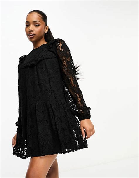 Miss Selfridge Lace Frill Detail Smock Dress In Black Asos