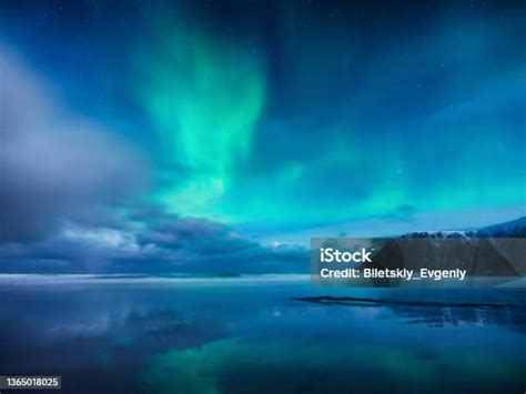 Aurora Borealis Skagsanden Beach On Lofoten Islands Norway Stars And