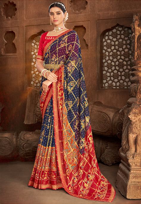 Buy Digital Printed Georgette Brasso Saree In Navy Blue Online