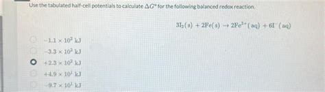 Solved Use The Tabulated Half Cell Potentials To Calcula