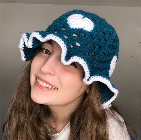 Teal Crochet Heart Bucket Hat Etsy