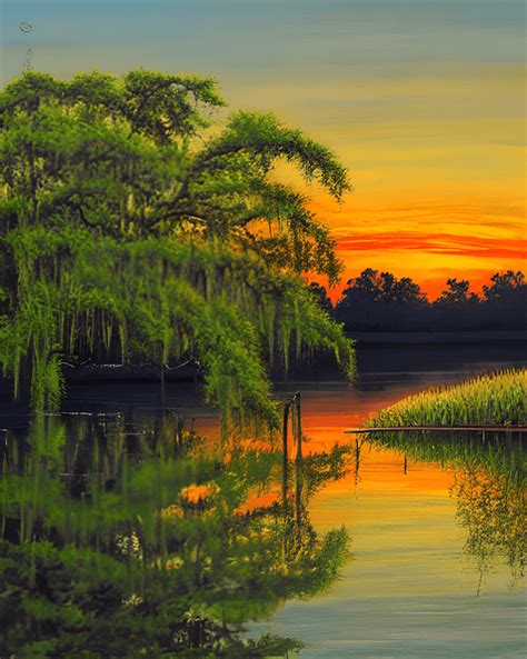 Louisiana Swamp Bayou Bald Cypress Tree Moss Sunset Painting Fishing