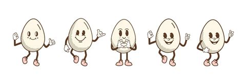 Retro Cartoon Smiling Egg Mascot Character Walking Jumping And Standing