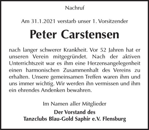 Traueranzeigen Von Peter Carstensen Sh Z Trauer