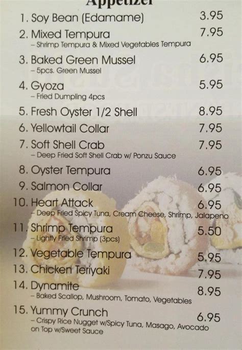 Menu at Geisha Sushi restaurant, River Edge