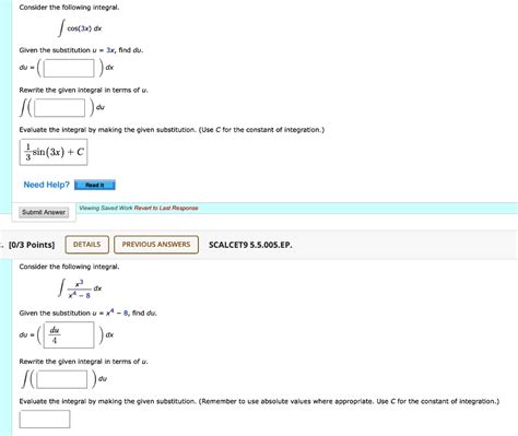 Solved Consider The Following Integral âˆ Cos3x Dx Given The Substitution U 3x Find Du