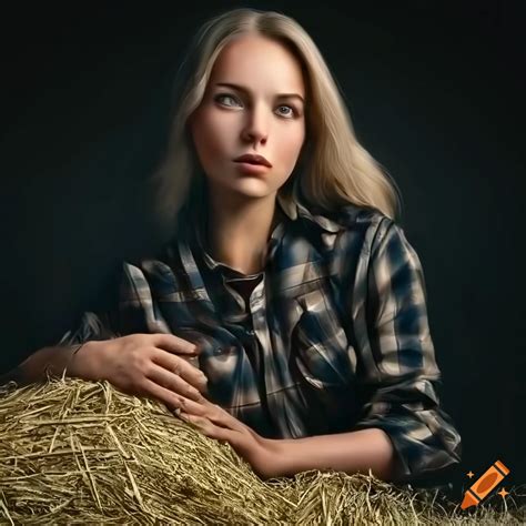 Hyperrealistic Portrait Of A Stunning Blonde Woman In Plaid Shirt And