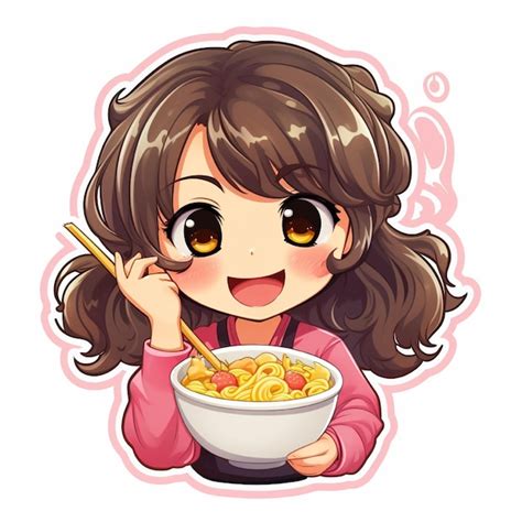 Premium Ai Image Sticker Of Cute Kawaii Girl Eating Ramen