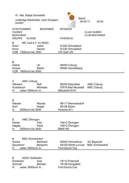 Nat Rallye Sonnefeld Stand Vorl Ufige Rallye Info