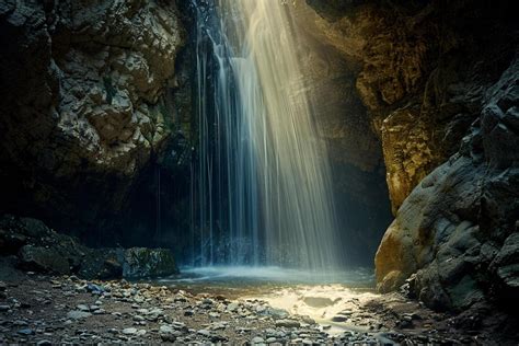 captivating waterfall flowing into a hidden cave with beams of sunlight