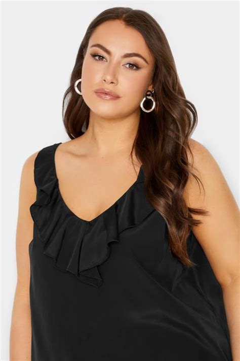 Yours London Plus Size Curve Black Ruffle V Neck Vest Top Yours Clothing