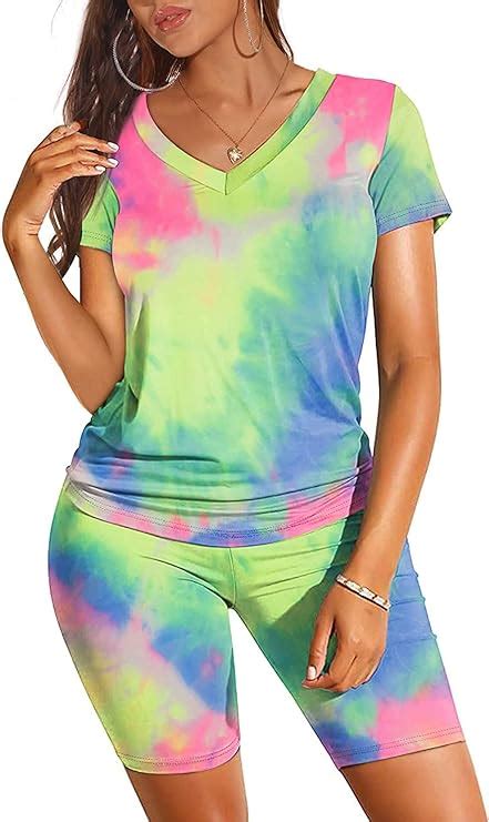 Women S Tie Dye Set Two Piece Outfits Short Sleeve V Neck Biker Shorts