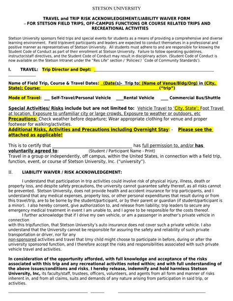 Travel And Trip Risk Acknowledgement Liability Waiver Form Docslib