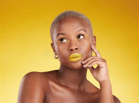 Calm Black Woman Makeup And Leaves In Skincare For Natural Beauty Or