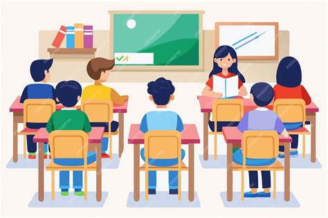 Uma ilustração de desenho animado de alunos em uma sala de aula com um ...