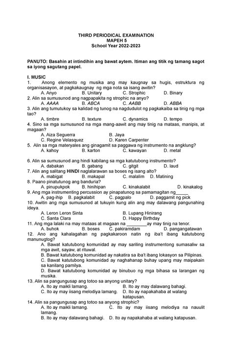 Q3 District Summative Test In Mapeh 5 THIRD PERIODICAL EXAMINATION