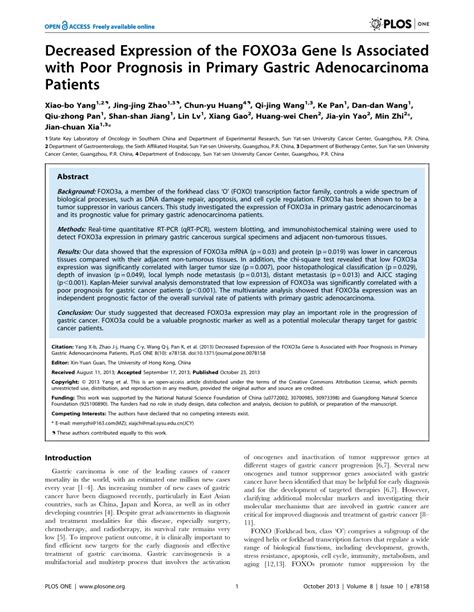 Pdf Decreased Expression Of The Foxo A Gene Is Associated With Poor