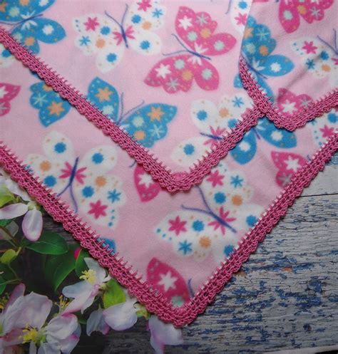 Fleece Baby Blanket With Crochet Edge/crochet Trim/crochet Border/pink Butterfly/ 36 X 36 Inches ...